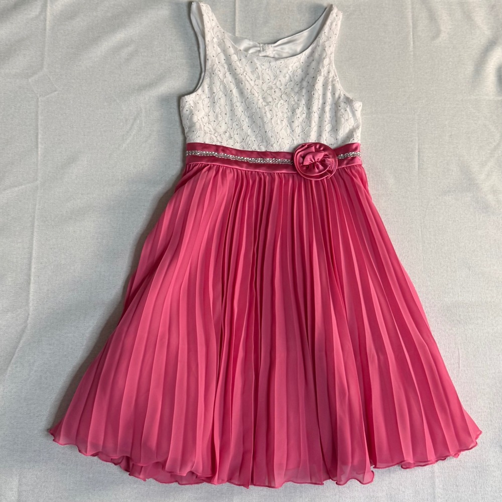 Emily West Girls 14 Pink White Lace Pleated Chiffon Dress Rhinestone Rosette
